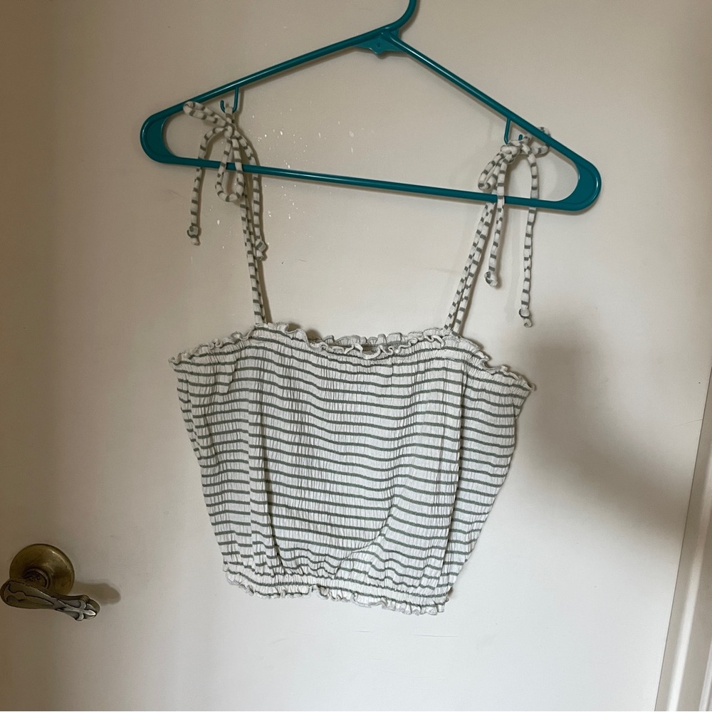 Tie strap cropped stripe tank top, white with green stripes
